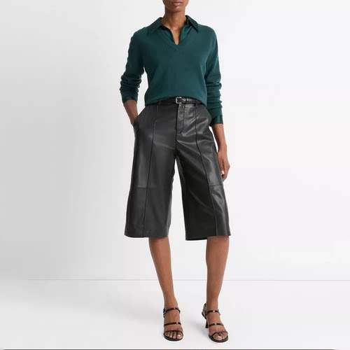 高腰简约绵羊皮女士中缝马裤