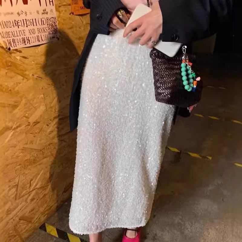 小个子blingbling中长款半身裙 2025秋冬高级白色直筒开叉亮片裙
