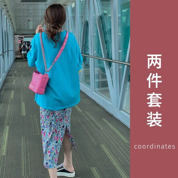 字母印花蓝T恤夏甜美清新紫色碎花侧绑带雪纺半身裙两件套装女夏