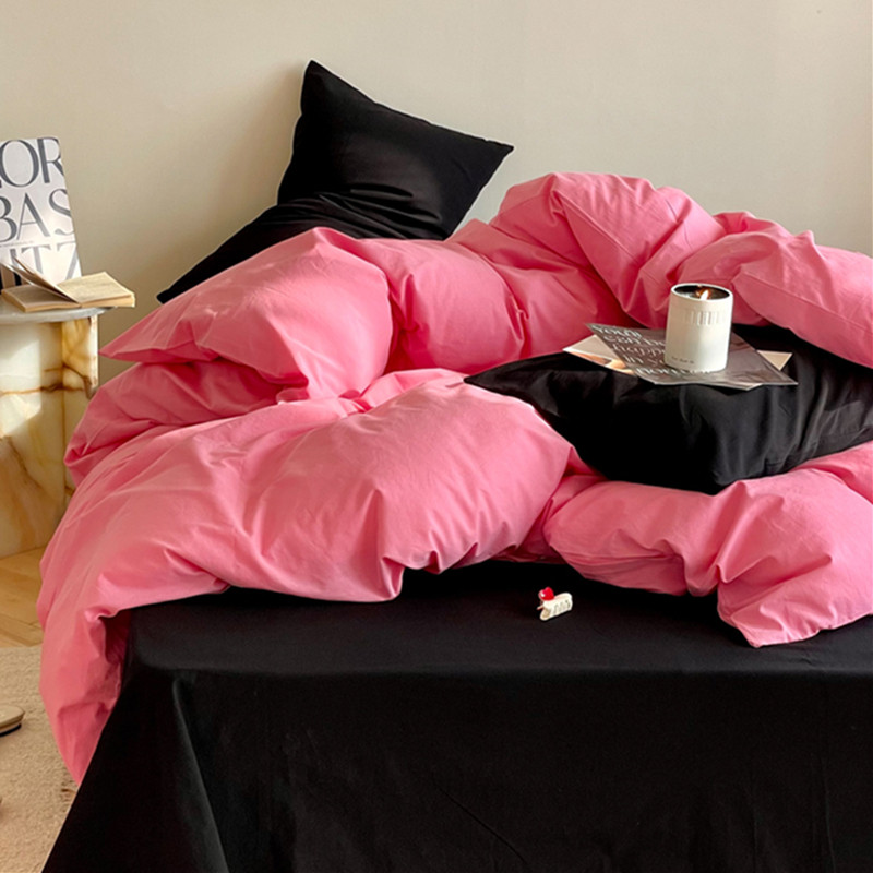 高级感黑粉配色纯棉水洗棉床单四件套全棉混搭被套被单学生三件套