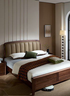 北美黑胡桃木实木床中式1米8双人床主卧现代简约1.5m真皮软包大床