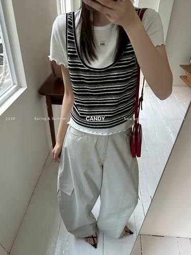 26春夏新款韩系时尚条纹背心假两件T恤撞色圆领宽松上衣休闲甜美