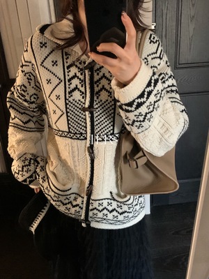 冬Hers简约复古提花毛衣外套复古日常氛围感费尔岛翻领牛角扣