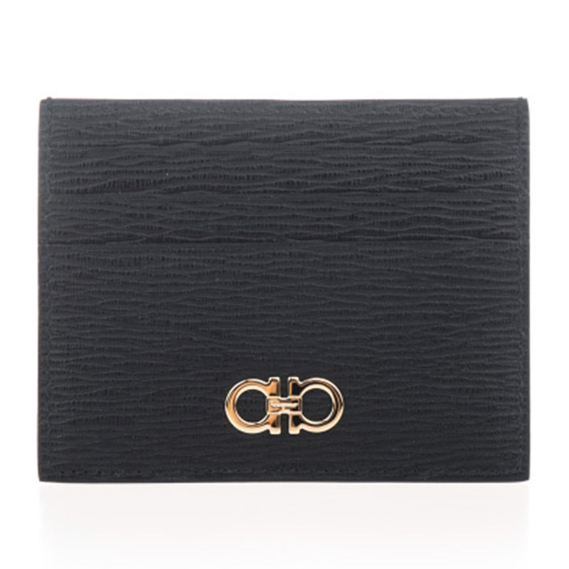 Ferragamo/菲拉格慕新款男士黑色皮革金属LOGO名片夹卡包66A302