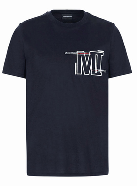 Armani/阿玛尼EA系列新款男士字母植绒蓝色圆领短袖T恤3G1TM2