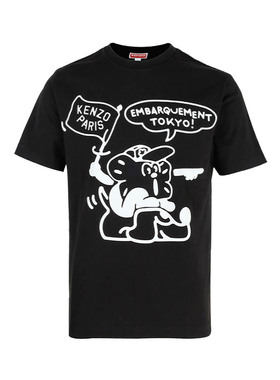 KENZO高田贤三 新款男士卡通图案印花黑色圆领短袖T恤4SY 5TS443