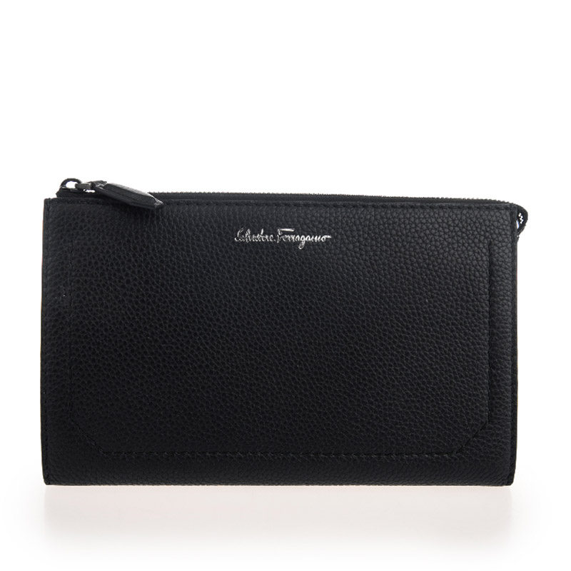 Ferragamo/菲拉格慕新款男士黑色皮革荔枝纹拉链手拿包240754