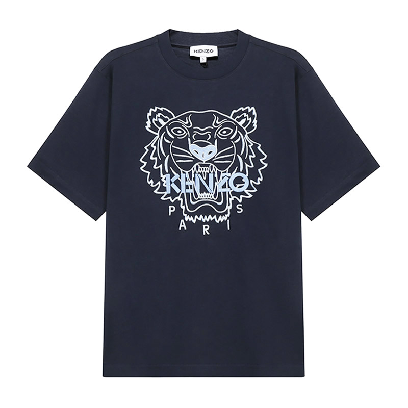 KENZO/高田贤三 新款男士虎头字母刺绣深蓝色短袖T恤4YF 5TS089