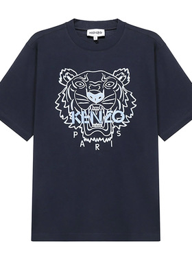 KENZO/高田贤三 新款男士虎头字母刺绣深蓝色短袖T恤4YF 5TS089