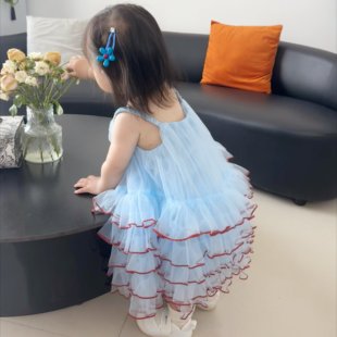 蓝色女宝裙子夏薄款2026新款吊带蓬蓬裙高级感公主风中小童连衣裙