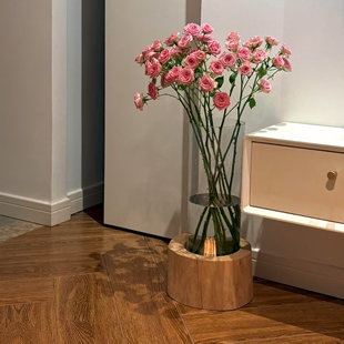 木托底座花瓶亚克力防摔摆件客厅插花水养水培透明直筒鲜花装饰