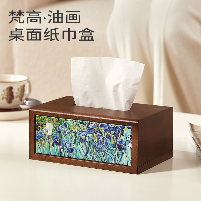 实木油画纸巾盒家用客厅创意高级餐桌抽纸盒轻奢办公室纸抽盒中式图片
