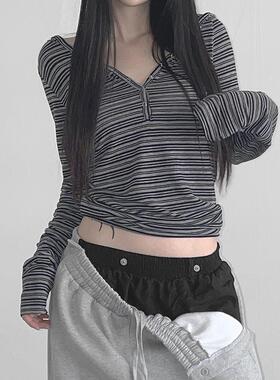 欧美复古风条纹撞色连帽排扣长袖T恤新款V领基础Y2K辣妹百搭上衣