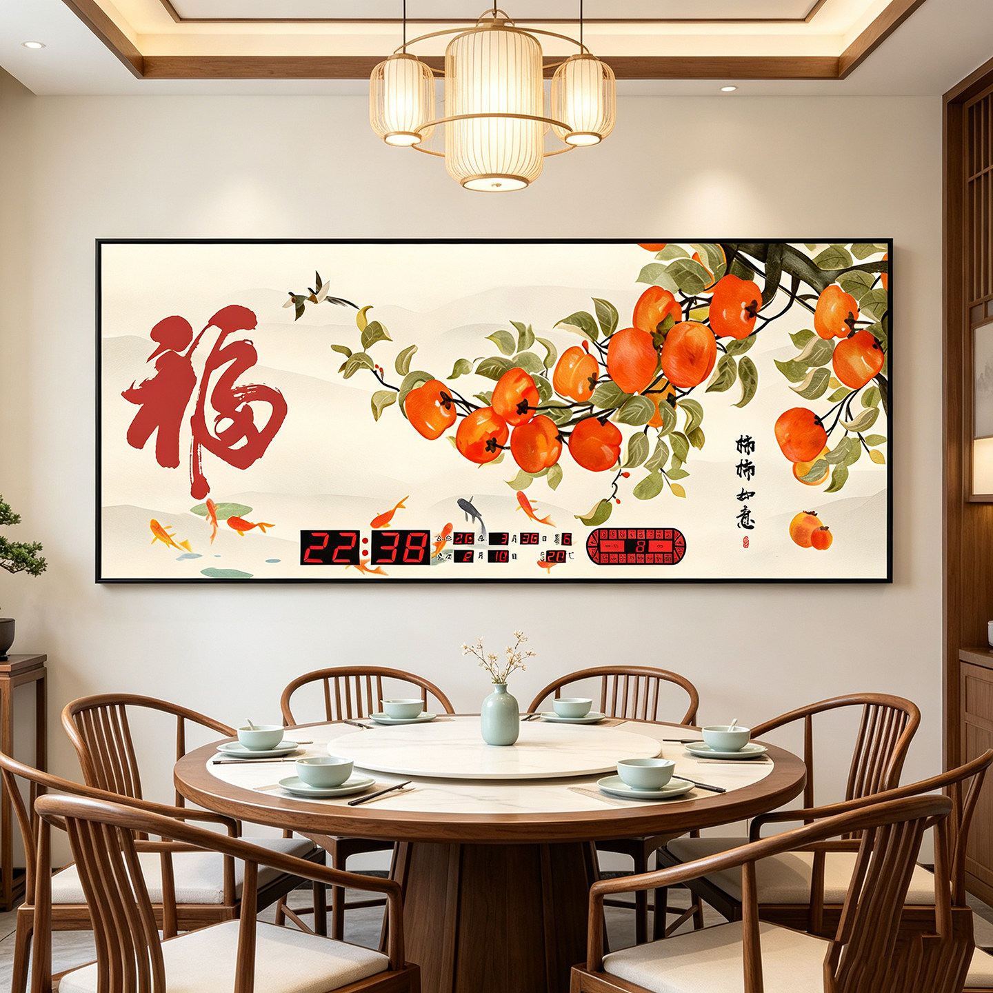 新款万年历电子钟挂墙客厅挂钟表轻奢简约装饰画福字日历带时钟表