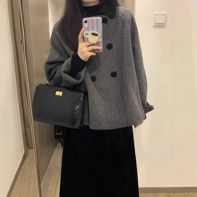 灰色短款呢子大衣女秋冬娃娃领复古加厚小个子韩系赫本风毛呢外套