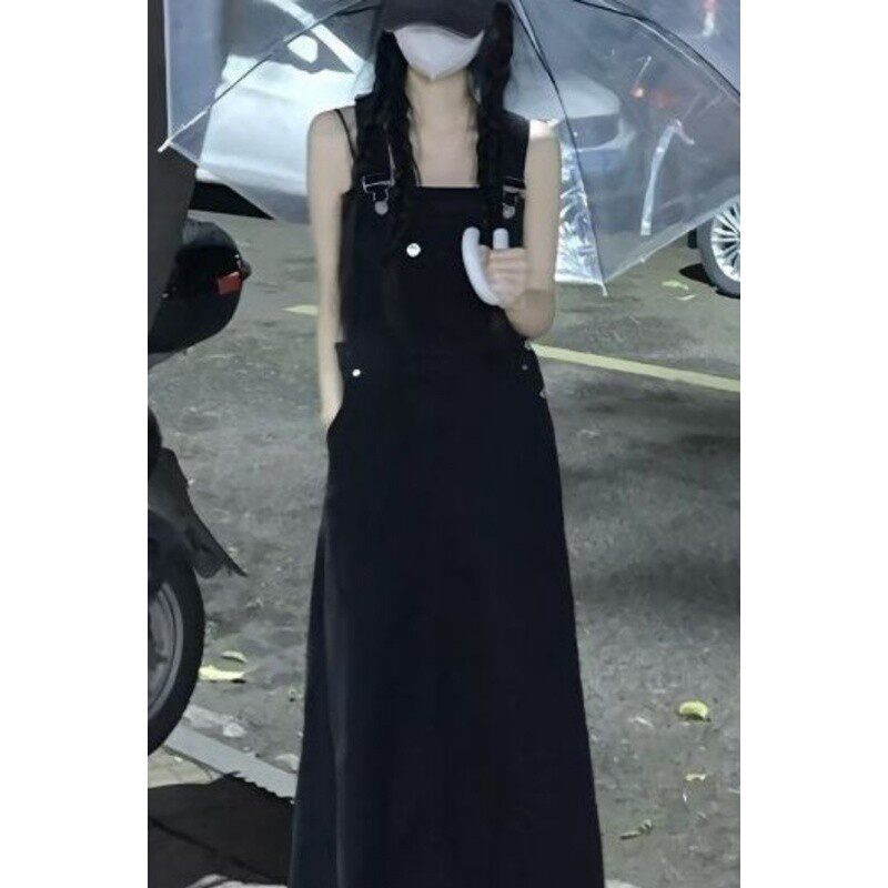 2025新款小个子黑色牛仔背带裙女春夏小众设计长裙宽松显瘦