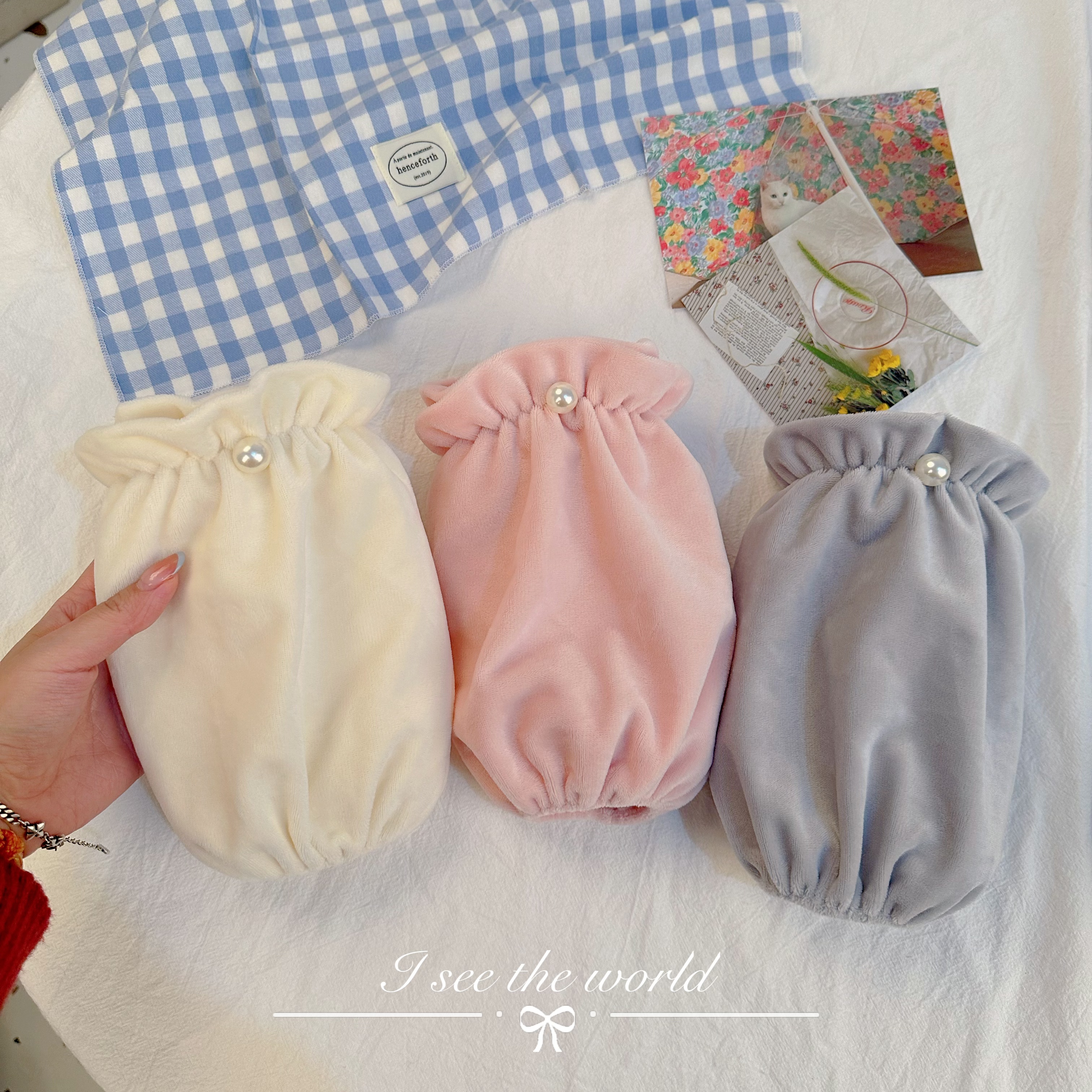 袖套珍珠纯色短款毛绒套袖女秋冬季日系简约护袖2024新款袖头白色