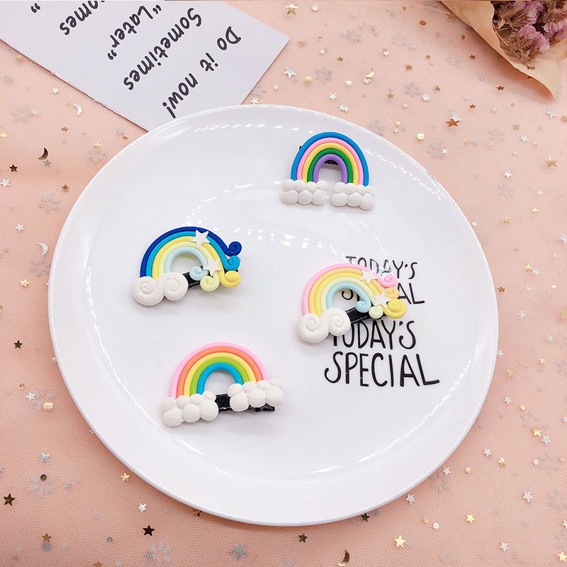 纯姿韩国儿童发饰宝宝可爱软陶彩虹边夹刘海夹儿童蝴蝶结发夹子