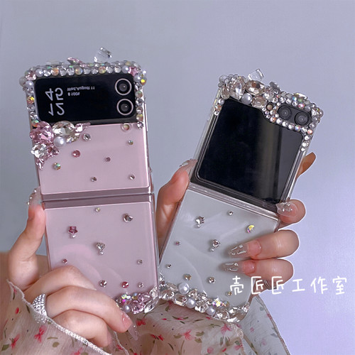 适用三星ZFlip6手机壳硬套可爱zflip5折叠新女款z4爆闪定制diy气质高级感奢华水钻边框透明原装创意简约全包