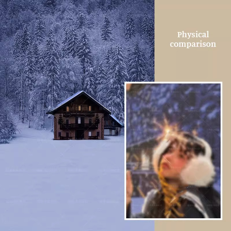 雪景少女写真影楼婚纱摄影冬季冬天木屋雪地雪林森林圣诞拍照室内