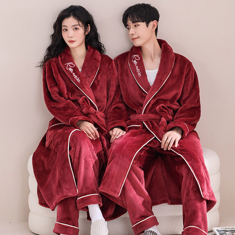 睡袍女秋冬长款珊瑚绒情侣浴袍男士加绒加厚法兰绒睡衣春秋款浴衣