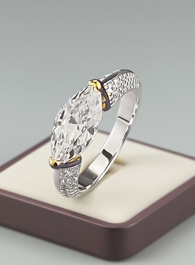 辉之翼珠宝 S925银欧美跨境款6*12mm马眼白钻电分金款戒指环ins风