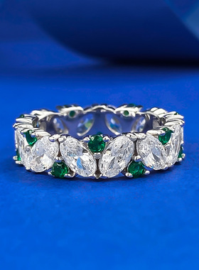 慕景珠宝 椭圆形排钻戒指人造绿尖晶钻石纯银高碳钻蛋形绿钻星光