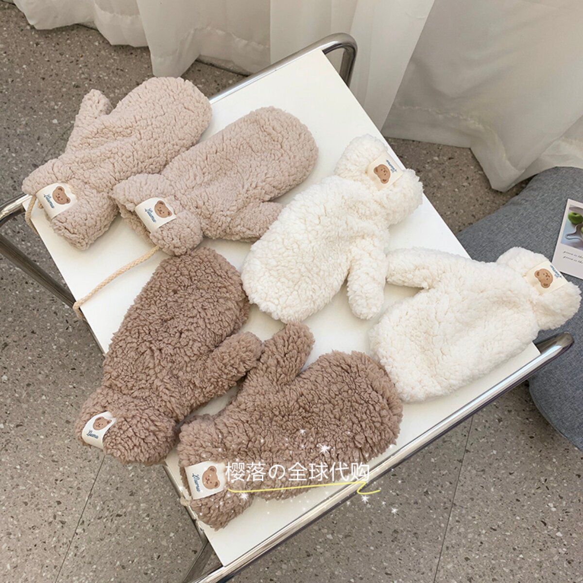 일본 구매 STELU 장갑 겨울 곰 라벨 홀터넥 넥 귀여운 학생 승마 플러스 벨벳 두꺼워 보온 및 방한 유지