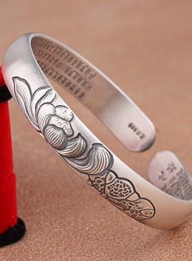 古法开口实心银男女手镯新中式莲花心经婚礼铜首饰送妈妈礼物镯子