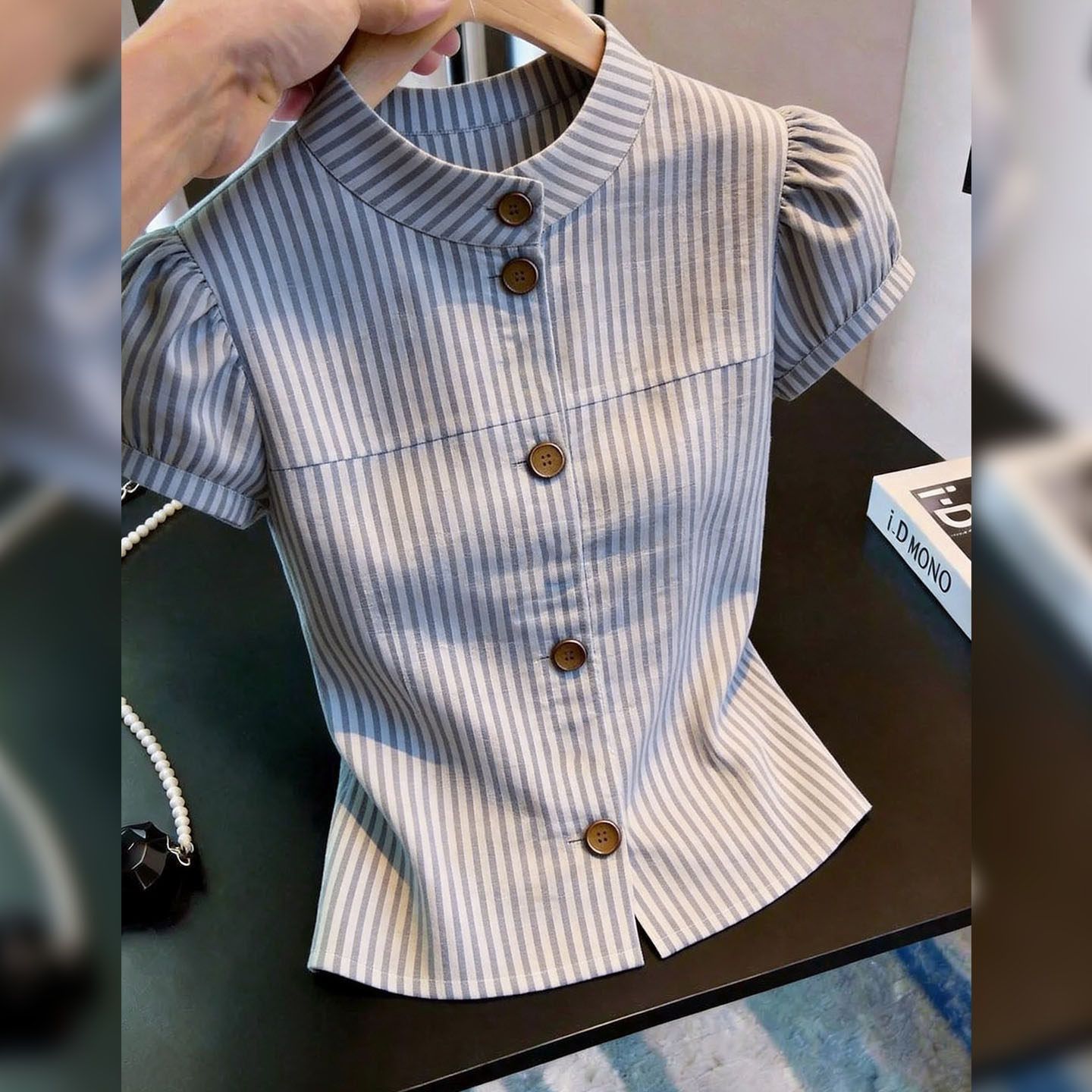 法式复古条纹印花显瘦短袖衬衫
