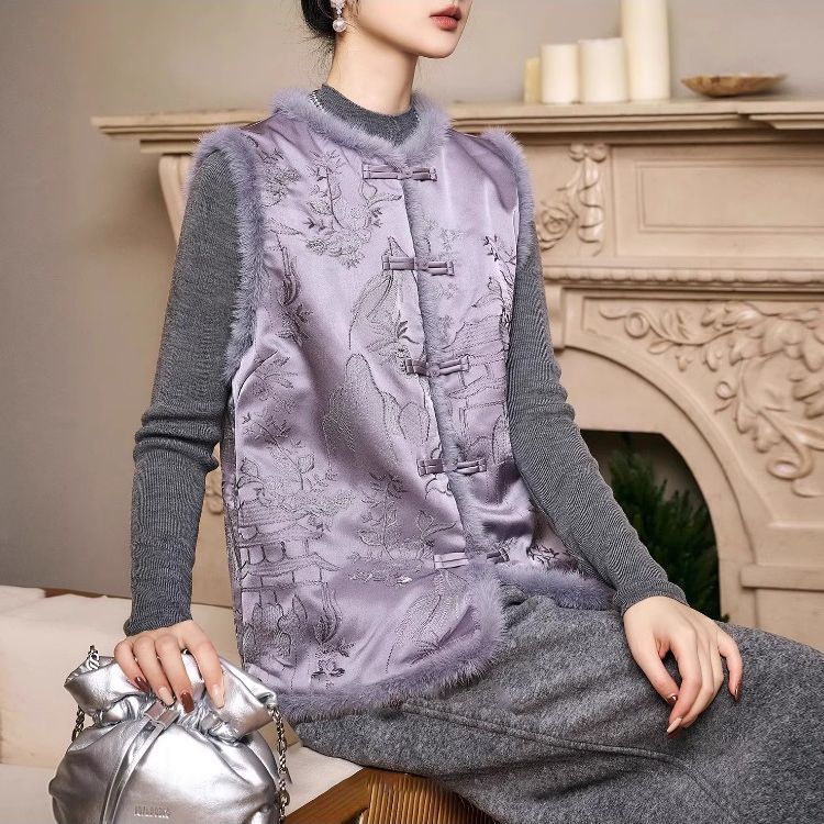 秋冬新中式加棉重工刺绣马甲女