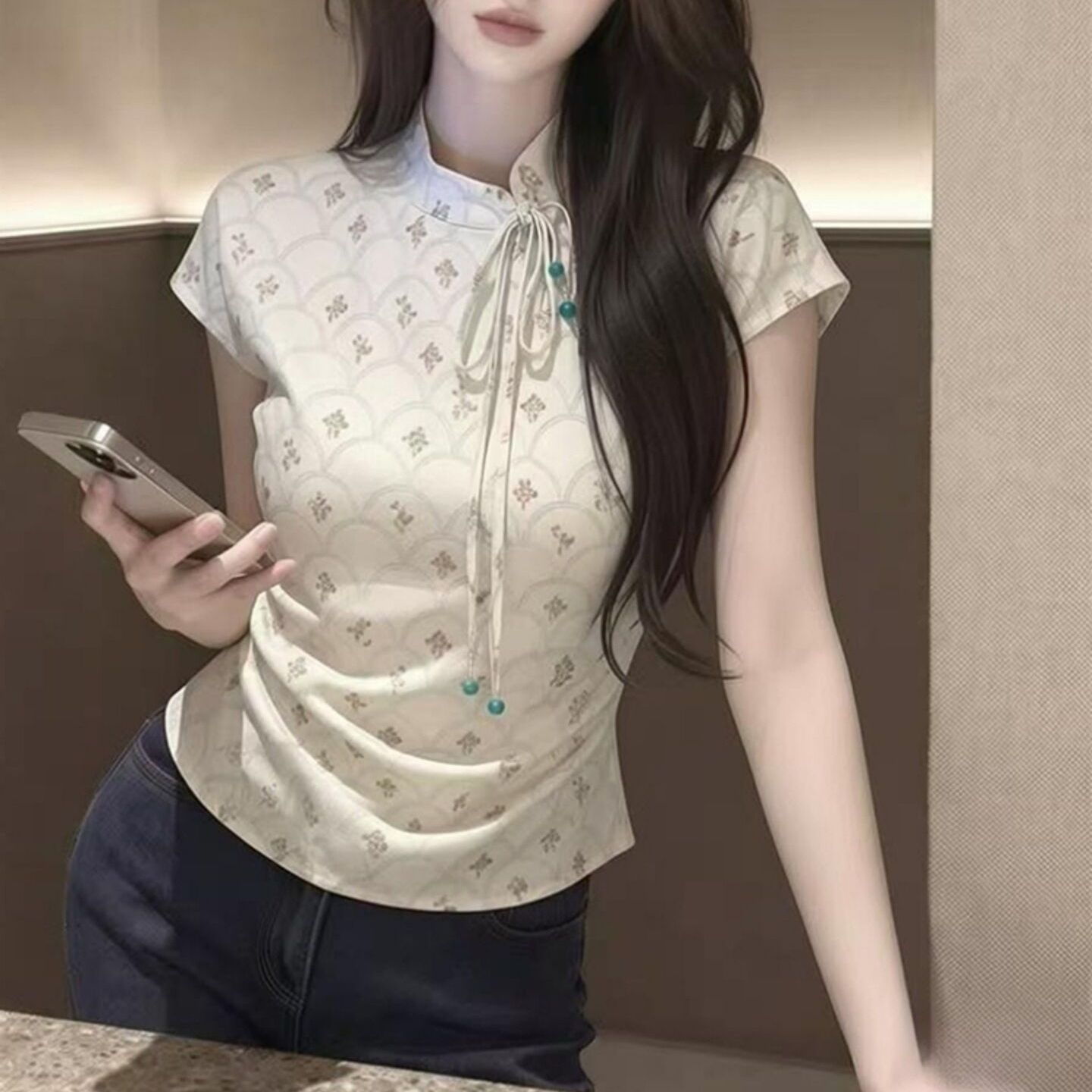 新中式盘扣系带修身碎花女衬衫