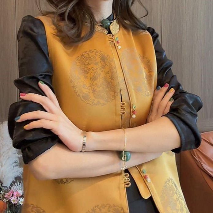 秋季新中式复古黄色印花马甲女
