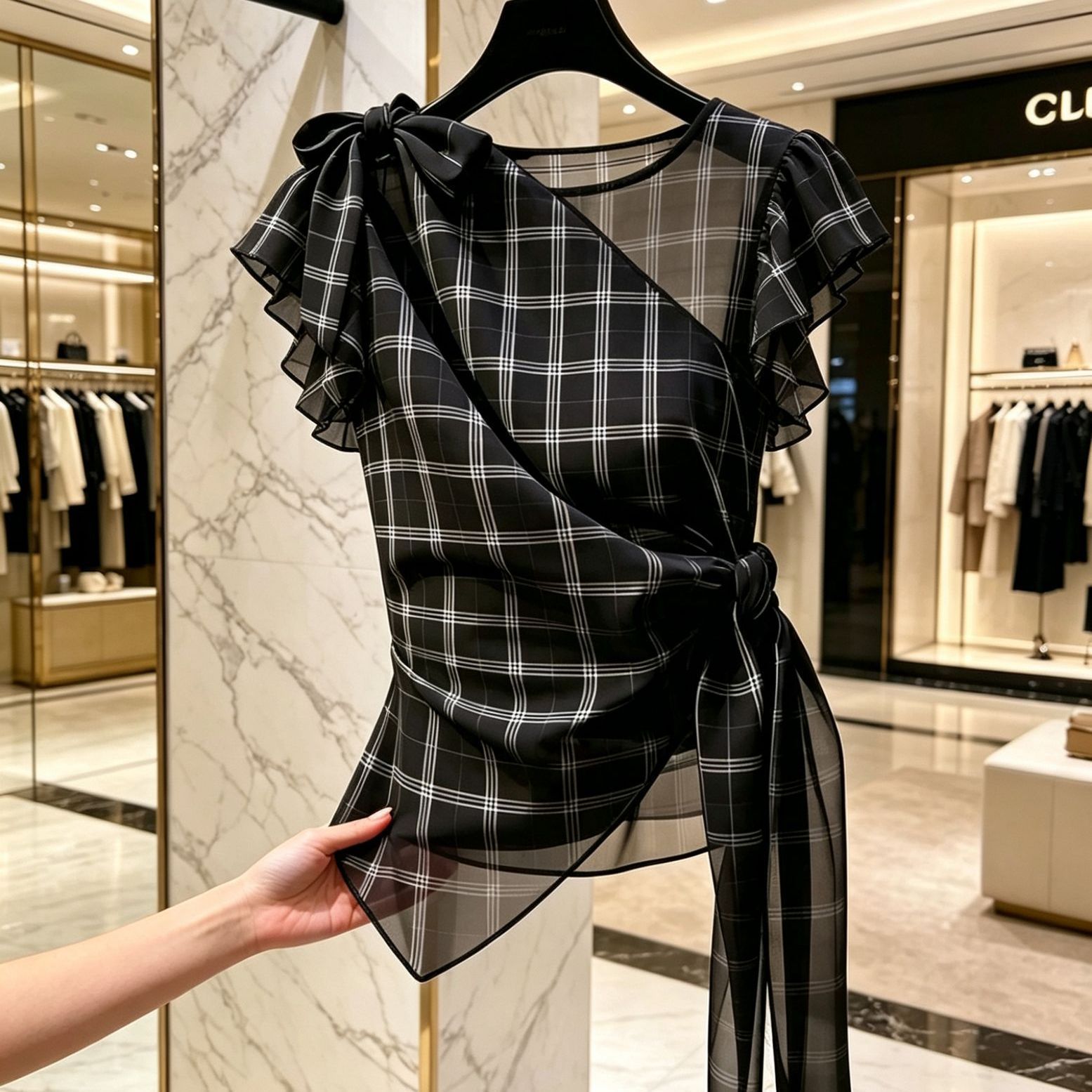 黑色格子无袖系带衬衫女休闲百搭