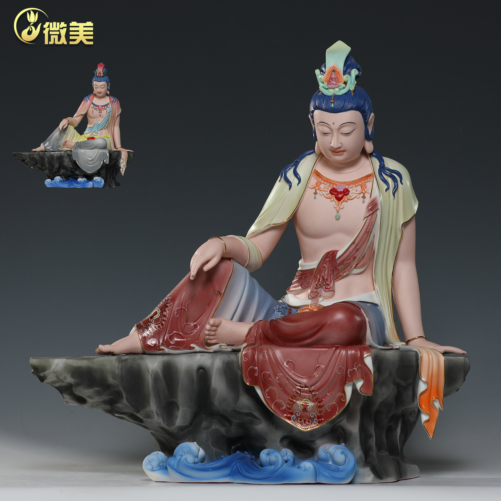 微美陶瓷21寸坐岩静思观音佛像禅思自在观音玄关艺术品办公室摆件