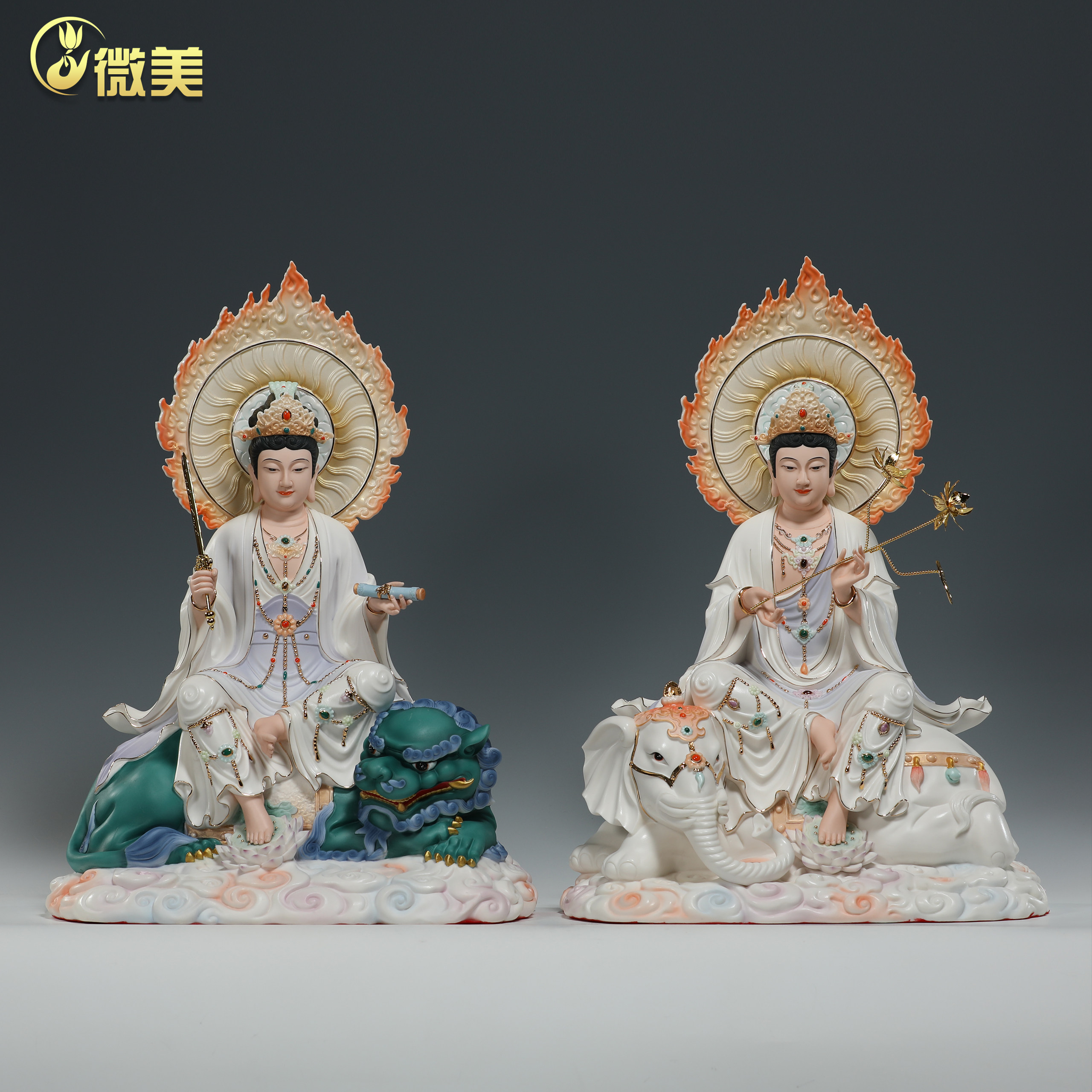 微美陶瓷文殊菩萨普贤菩萨佛像家用客厅书房供奉华严三圣佛像摆件