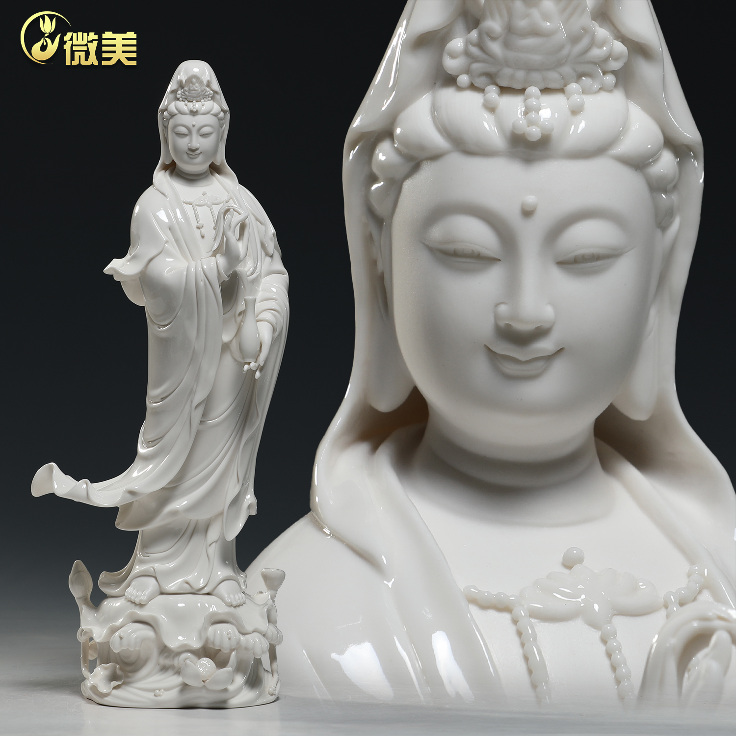 微美白瓷16至26寸立荷观音菩萨佛像摆件德化白瓷观世音供奉摆件