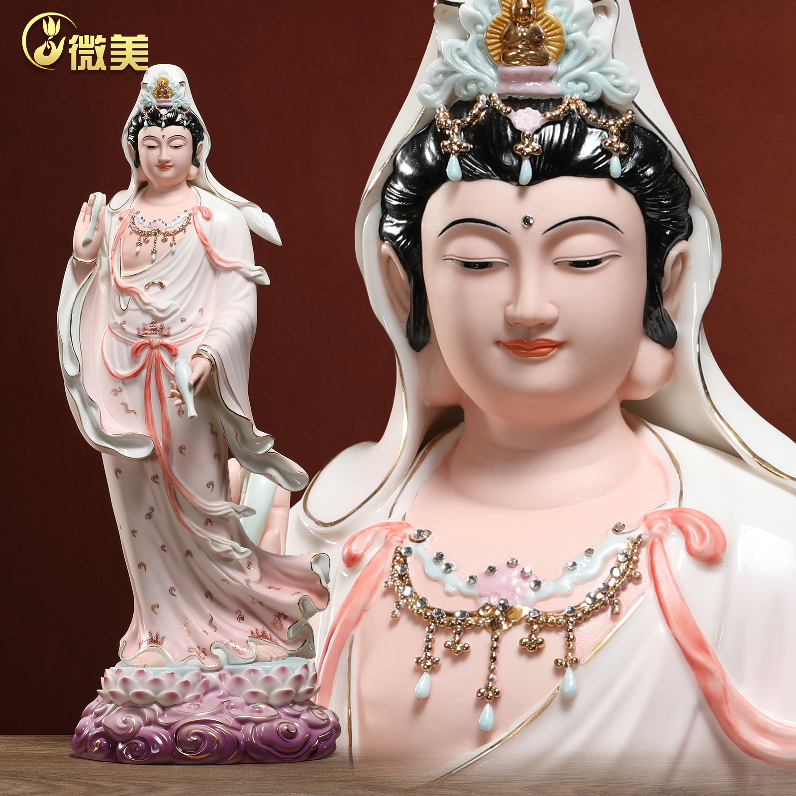 微美19至26寸立双莲飘衣观音陶瓷佛像家居装饰供奉居家观世音摆件