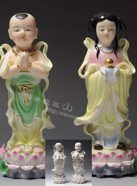 金童玉女招财佛前彩绘德化白瓷