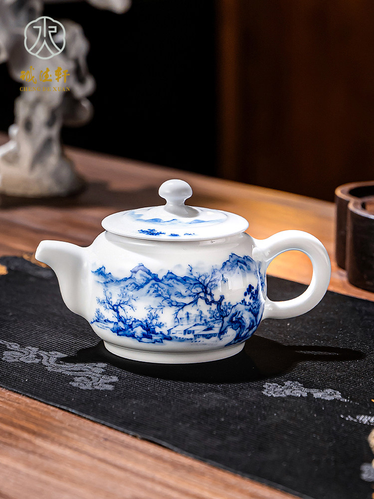 承德宣宾水密石茶壶单壶景德镇陶瓷青花山水功夫茶自用茶具