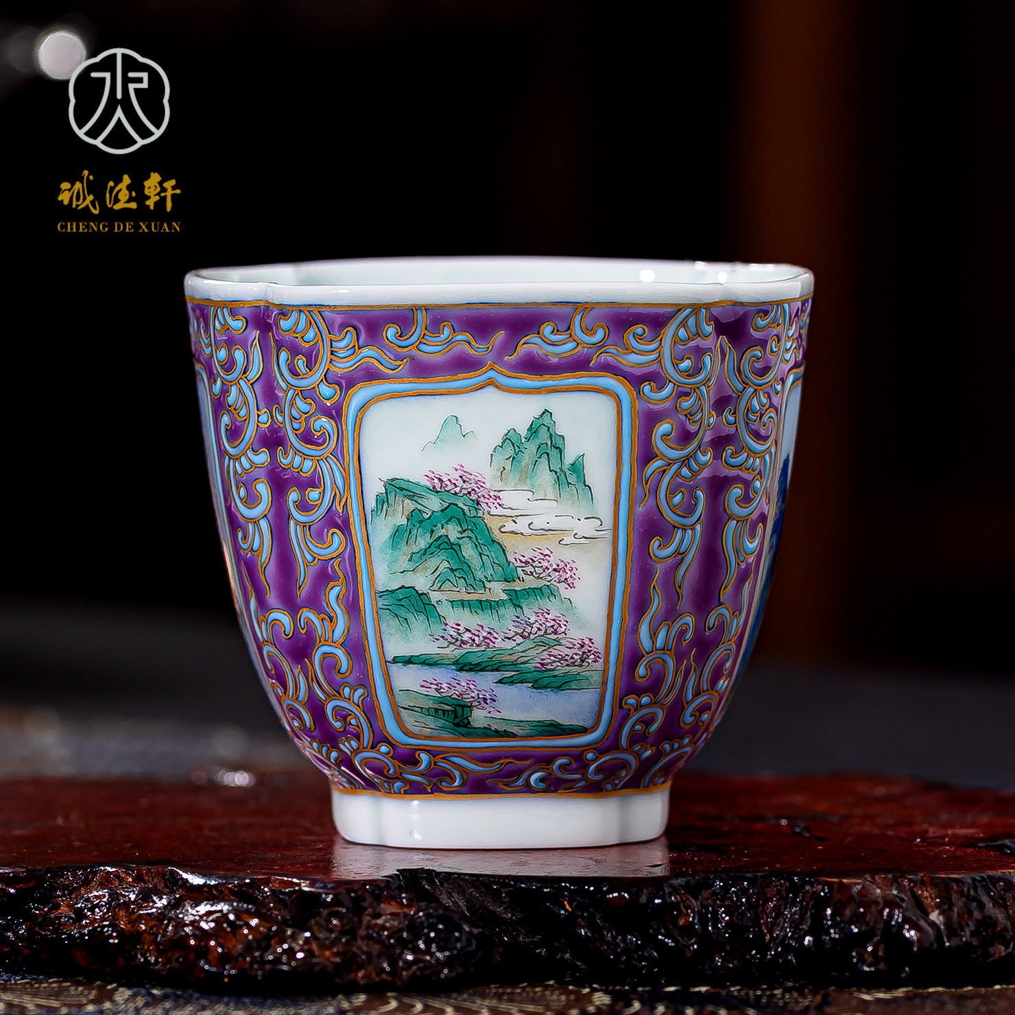 诚德轩主人杯景德镇开窗山水四方杯单杯品茗重工高端专用个人茶杯