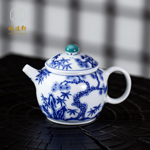 诚德轩青花陶瓷岁寒三友茶壶