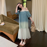法式渐变吊带一字肩连衣裙女2025夏季新款韩版宽松显瘦拼接长裙子，女装连衣裙，2C018