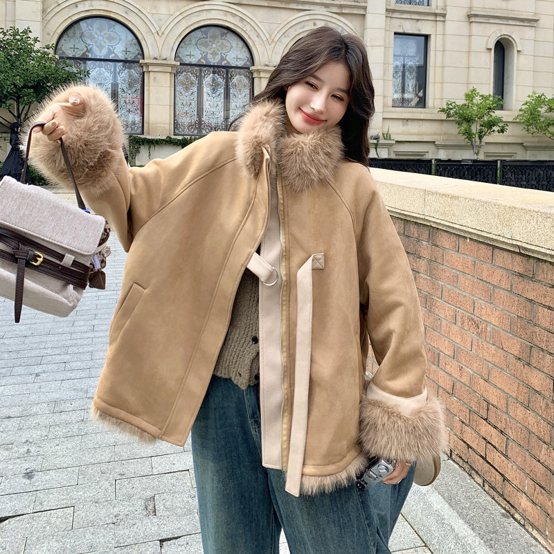 小个子加厚羊羔毛外套女冬季新款高级感麂皮绒棉服皮毛一体机车服,女装棉衣/棉服,2C018