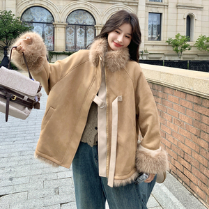 小个子加厚羊羔毛外套女冬季新款高级感麂皮绒棉服皮毛一体机车服图片
