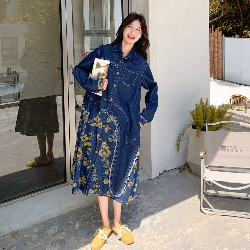 休闲减龄牛仔碎花连衣裙女春秋2025新款超火好看高级松弛感长裙子,女装连衣裙,2C018