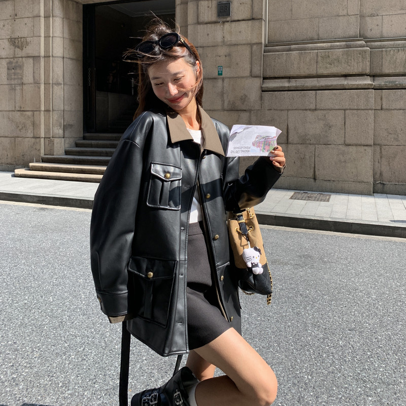黑色复古设计感轻熟风PU皮外套女2025秋季盐系时髦翻领拼接上衣潮图片