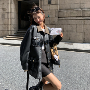 黑色复古设计感轻熟风PU皮外套女2025秋季盐系时髦翻领拼接上衣潮图片