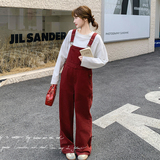 美式复古红色工装牛仔背带裤女春季新款小个子直筒宽松洋气减龄，女装牛仔裤，2C018