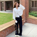 法式气质设计感v领衬衫套装女2025春秋季新款显瘦牛仔长裤两件套，女装套装/套裙，2C018